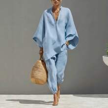 2026 Spring/Summer Fashion Women's Casual Style Bat Sleeve V-Neck Loose-Fit Outfit - 天藍色 - 查看 11