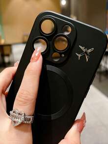 Simple Liquid Matte Magnetic Metal Airplane Logo New Anti-Drop Phone Case Protective Cover Suitable For IPhone11/12/13/14/15/16PROAMX - Black - View 3