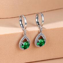 Vanel 1 pieza Hermosos pendientes de clip minimalistas plateados con circonita cúbica, pendientes de lágrima delicados y brillantes con cierre de palanca, joyería de moda para mujer, para uso diario y fiestas - Plata-Verde-Blanco - Ver 4