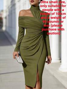 Ladies' French Summer Fashion Solid Color Elegant Asymmetric Design Olive Green Hanging Neck Off Shoulder Wrinkled Long Sleeve Off Shoulder Split Hip Wrapping Dress Elegance Slimming Medium Length Dress - xanh quân đội - Xem 10