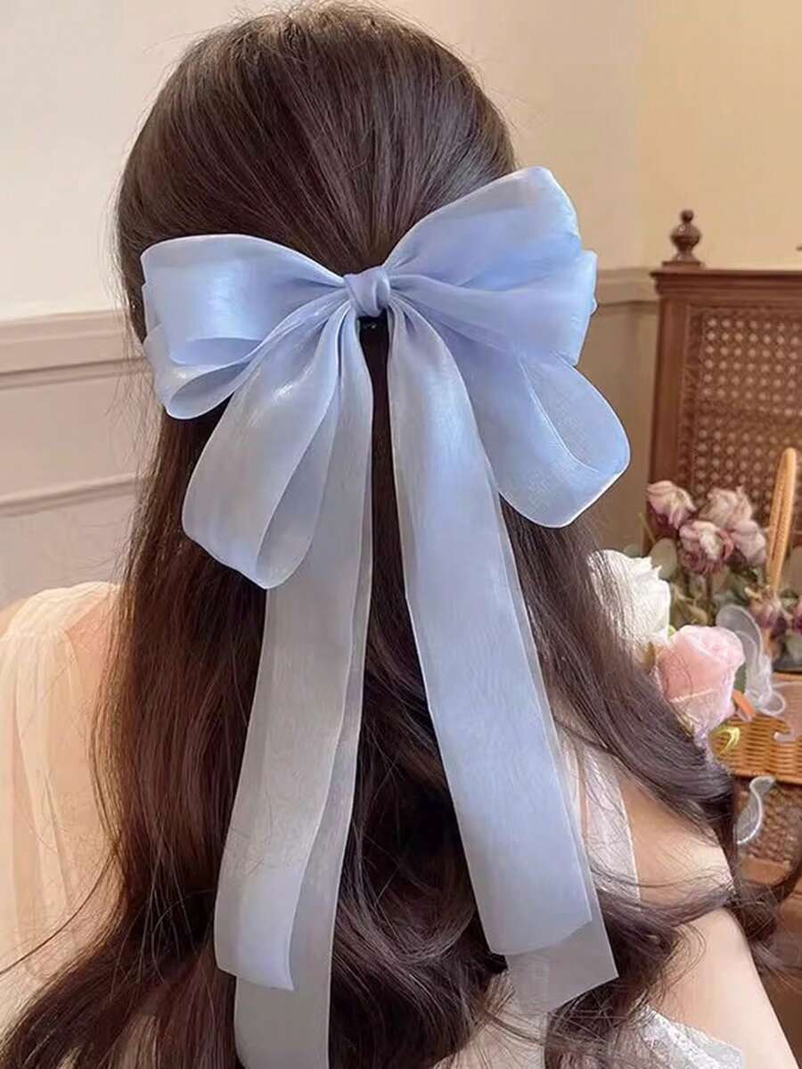1 chiếc kẹp tóc nơ ruy băng hai lớp siêu lớn màu xanh dương, chất liệu lưới, bóng bẩy, phụ kiện tóc mềm mại, thanh lịch. - Màu xanh nhạt - Xem 1