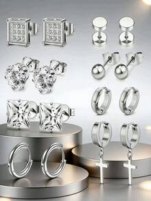 8 Pairs Fashionable & Elegant Stainless Steel Earring Set, Available In Multiple Colors, Suitable For Daily Wear Or Parties, Can Be Gifted To Friends And Family - 8 Pairs Of Earrings - View 8