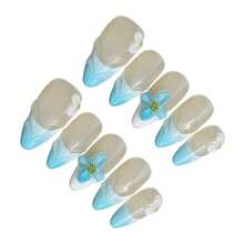 Uñas artificiales con degradado de flor 3D de estilo océano y dopamina, 10 piezas de material ABS ligero - Celeste - Ver 9