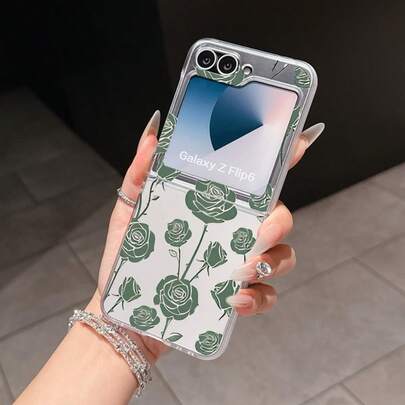 1pc Fashion Simple Matte PC Material Simple And Cute Green Rose Element Folding Phone Case, Can Protect And Prevent Falling For: SamsungGalaxy Zflip 3/Zflip 4/Zflip 5/Zflip 6/Zflip 7/ Find N3 Flip/ Razr 50 Ultra/ Razr 60 Ultra/ 60/ Lola Razr 50/XiaomiMIX Flip/Galaxy Z Flip7 FE