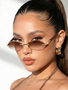 1 Buah Kacamata Fashion Geometris Tanpa Bingkai untuk Wanita, Bingkai Logam Emas, Lensa Abu-abu dan Gradien Warna Teh, Gaya Retro, Cocok untuk Streetwear, Dilengkapi Kotak Kacamata - MultiWarna - View 3