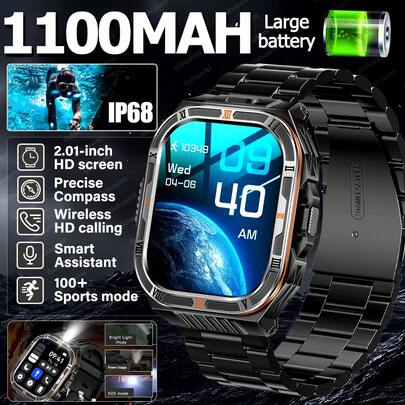 2026 New Outdoor Sports Smart Watch For Men, Equipped With 1100mAh Super Large Battery, LED Flashlight, 2.01" HD Display, Supports Bluetooth Calling, Voice Assistant, Message Notification, 100+ Sports Modes, Fitness Tracking, IP68 Waterproof For Swimming, Unisex Design Compatible With IPhone And Android, Ideal Gift For Outdoor Sports Enthusiasts On Birthday, Wedding Anniversary