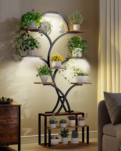 HaluPeit Pflanzenregal mit Licht, Metall-Holz-Pflanzenregal mit 10 Etagen und 3 LEDs, Geeignet für Wohnzimmer, Innen & Außenbereich, Garten und Balkon, 168 cm, Vintage Braun