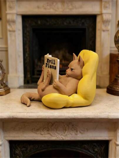 Fun Mischievous Reading Cat Statue - Cute Lazy Sofa Cat Figurine, Plastic / Decoration Suitable For Bookshelf, Garden, Shelf Decor With Lazy Cat Pose For, Office - Plastic Bookend For Cat Lovers