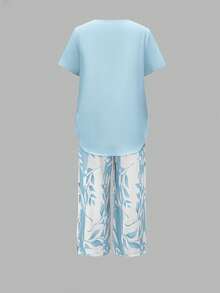 Women's Summer  Blue Leaf Print 2 Piece Outfit, Lightweight Breathable Asymmetrical Hem Short Sleeve Top & Capri Pants Set For Daily & Vacation Wear,Women's Sports Suit,Sportswear,2 Piece Sets Woman,Two Piece Set Women,Summer Outfits For Women,Summer Clothes,Beachwear,Vacation Outfits Women,Vacation Essentials - Màu xanh lam - Xem 3