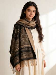 1 chiếc khăn choàng Paisley Jacquard, họa tiết Cashew, kiểu dáng cổ điển, khăn choàng nữ thanh lịch, khăn choàng dài đa năng phù hợp mọi mùa. - màu đen - Xem 5
