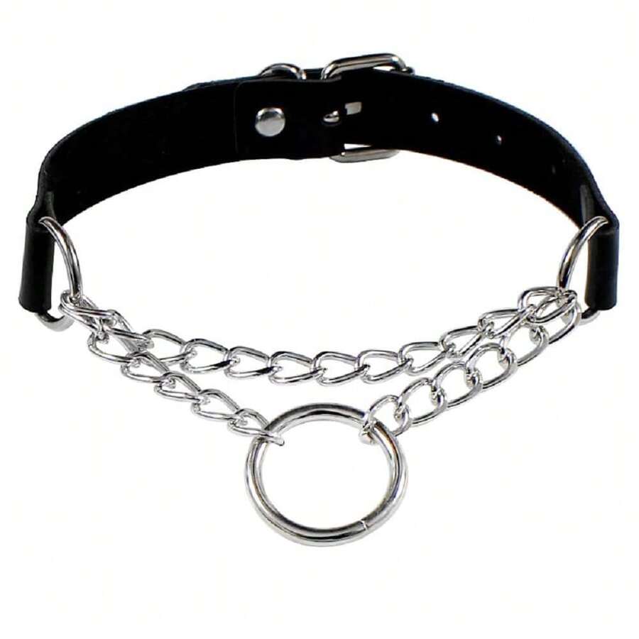 Punk Gothic Leather Round Ring Studded Choker Necklace Chains Charm Sexy Round Collar Necklaces Women Jewelry Gift - 黑色 - 查看 1