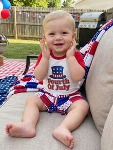 Baby Boy 4th Of July Outfit Patriotic Short Sleeve Flag Embroidery Striped Romper With Star Print Shorts 2Pcs Set , 4th Of July Baby Boy Outfit  0-3Months 3-6Months 6-12Months12-18Months - 白色 - 查看 3