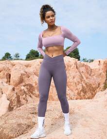 YEOREO Workout Leggings With Pockets For Women V Cross Waist Scrunch Charm Leggings No Front Seam Gym Yoga Pants  Summer Leggings For Women - 暗紫 - 查看 4