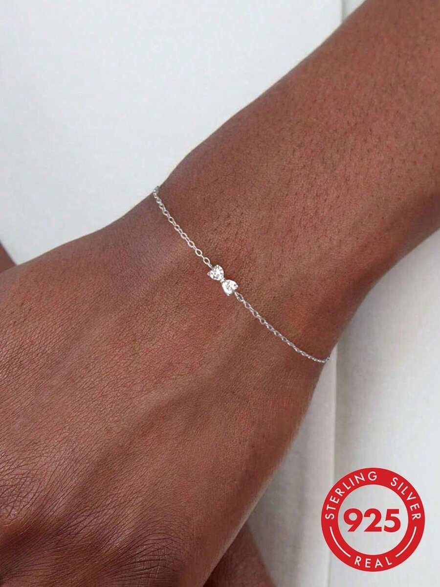 BALMORA 1 chiếc vòng tay bạc Sterling 925 thời trang, thanh lịch, dễ thương, hình nơ đính đá Zirconia lấp lánh, thích hợp đeo hàng ngày cho nữ, làm quà tặng tình bạn, sinh nhật. - Bạc - Xem 1