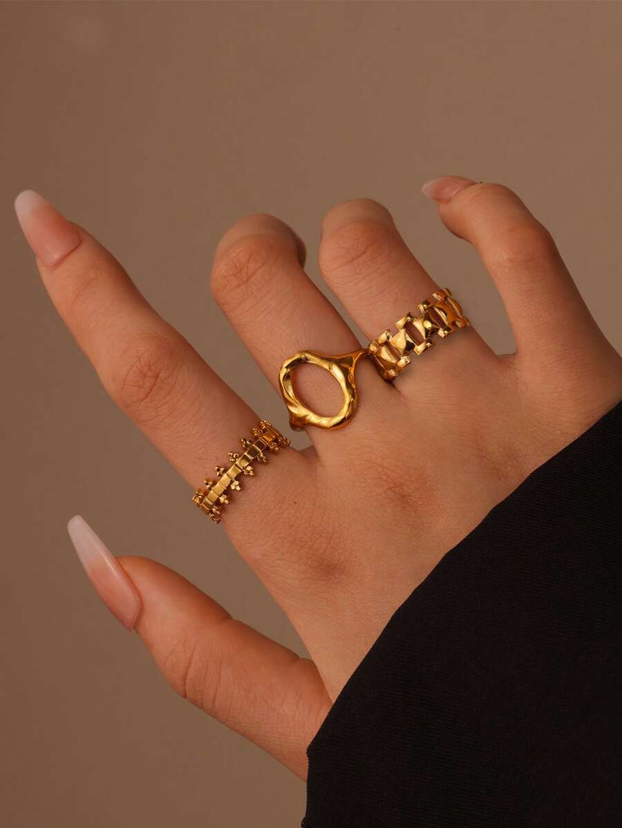 3 piezas Anillos abiertos con diseño geométrico de círculo y línea vintage, adecuados para fiestas, reuniones y uso diario - Multicolor - Ver 1