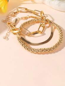 1 Set Luxury Minimalist Metal Snake Bone Popcorn Oval Chain Layered Bracelet, Gold Color, Women's Commute Daily Jewelry - Gold - View 5