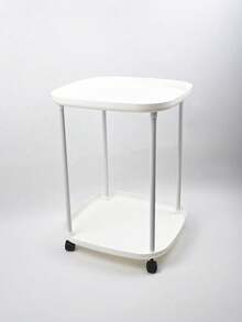 1pc Movable Double-Tier Side Table With Wheels, Living Room Sofa Edge Storage Table, Bedroom Nightstand Rolling Cart - White - View 8