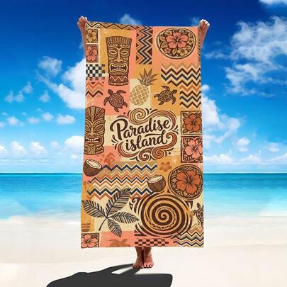 1条印有提基面具和钞票图案的沙滩巾，超强吸水大号沙滩毯，适合旅行、游泳池、潜水、冲浪、瑜伽、露营等场合，多种尺寸可选，沙滩配件