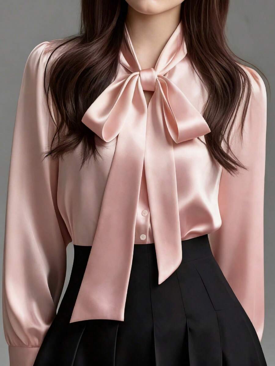 女士优雅缎面白色长袖休闲衬衫,百搭通勤时尚上衣,领口饰有蝴蝶结,纯色设计,适合所有季节,可机洗,不透光,柔软亲肤透气面料,质感精致缎面,适合办公室穿着。 - 淺粉色 - 查看 1