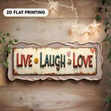 2D平面金屬牆面裝飾牌，印有「Live Laugh Love」字樣、心形與臉部圖案，復古農舍風，尺寸3.94X15.75英吋(10X40公分)，做舊白色與棕色邊緣，適合居家裝飾 - A - 查看 6