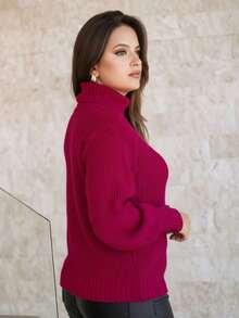 Women's Cold Temperature Sweater High Neck Wool Puff Sleeve Knitted Tricot Braids - Cherry Pink - View 7