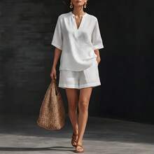2026 Spring/Summer Women's Solid Color V-Neck Linen-Cotton Casual Top And Shorts Two-Piece Set - 卡其色 - 查看 6