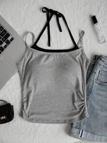 美式时尚吊带背心，女士夏季新款露背短款休闲上衣 - 灰色 - 查看 6