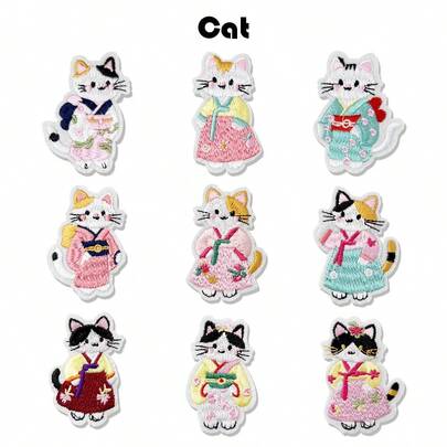 9 piezas Parches bordados con estilo japonés y coreano de gatos lindos, accesorios de ropa decoración DIY para planchar