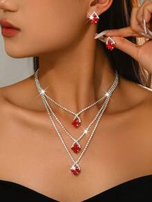 Bộ 1 dây chuyền và bông tai pha lê hình vuông cắt kiểu Emerald, dây chuyền choker mặt dây chuyền pha lê xanh lấp lánh 3 lớp, trang sức dây đồng kiểu càng cua dành cho nữ, quà tặng dự tiệc cưới. - Đỏ - Xem 5