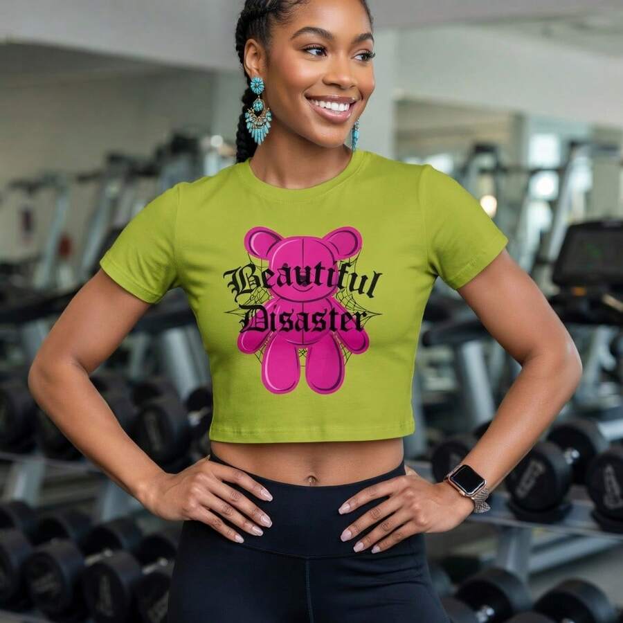 Crop Top Beautiful Disaster Graphic Tee 100% Polyester Comfort Fit - màu xanh lá - Xem 1