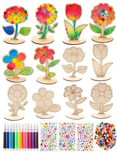 6/12-Piece DIY 3D Flower Spring Wooden Artwork, Including Unfinished Painted Wooden Flowers, Colorful Rhinestones, 12 Colored Pens, Painting Tools, Desk Decoration, For Home Office, Wedding, Mother's Day Gift.