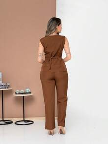 Elegant Plain Vest And Trousers Set C3302 - Rust Brown - View 4