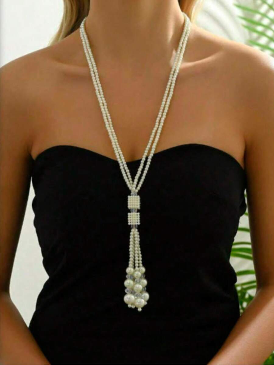 1pc Tassel Decor Beaded Square Minimalist Elegant Necklace, Fashionable Chic Style - Multicolor - View 1