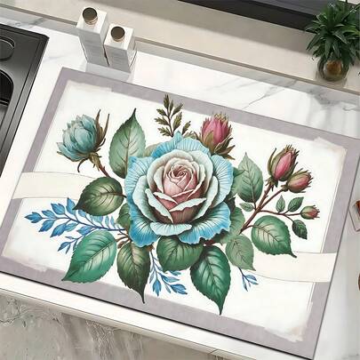 1 tấm lót thấm hút bát đĩa họa tiết hoa cổ điển, trang trí nhà cửa, thích hợp cho máy pha cà phê espresso, bồn rửa, vòi nước, phòng tắm, phụ kiện nhà bếp.