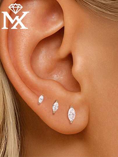 SYMFNY Bộ 3 bông tai bạc S925 cao cấp hình mắt ngựa đính đá lấp lánh, kiểu dáng tối giản, thanh lịch, đa năng dành cho nữ, thích hợp cho đi làm hàng ngày và hẹn hò, làm quà tặng cho bạn gái, mẹ, trang sức cho các dịp lễ hội.