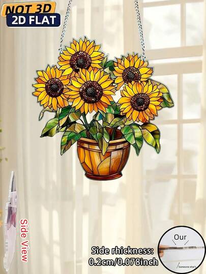 Tranh treo tường acrylic 2D hình hoa hướng dương phong cách Bohemian - Những cánh hoa màu vàng và cam rực rỡ với lá xanh, được đặt trong chậu hoa có họa tiết ấm áp, thích hợp cho nhà cửa, quán bar, nhà hàng và trang trí cửa sổ trong các dịp lễ hội, trang trí theo phong cách Bohemian, thiết kế hoa hướng dương rực rỡ, trang trí hoa hướng dương.