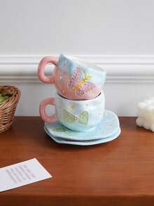 CMYD Studio 1 قطعة طقم فنجان قهوة وصحن خزفي يدوي بنمط شمالي أصلي سعة 280 مل، بنقشات متعددة الألوان من الشرائط والقلوب والسحب والزهور، مناسب لشاي بعد الظهيرة والحليب واللاتيه وأطباق الحلوى - هدية رائعة - متعدد الألوان - مشاهدة 3