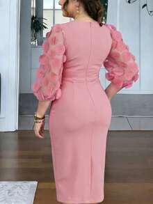 Elegant Floral Mesh 3/4 Sleeve Midi Dress With Boat Neck, Waist Tie, High Slit, Flattering Silhouette, Suitable For Work, Daily Wear Elegant Solid Color Mesh Splice Mini Dress With High Slit, Suitable For Wedding, Office, Daily, Spring/Autumn - Dusty Pink - View 4