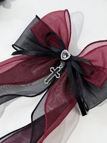 1pc Gothic Cross Decor Accessory, Mesh Bow Hair Clip, Metal Alligator Clip, For Women,Summer,Holiday,Travel, Head Accessories, Claw Clips,Festival,Party - Black Wine Red - View 3