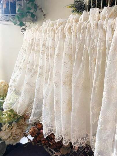 1pc French Style Floral Embroidered Semi-Sheer Curtain, Cabinet Curtain, Door Curtain, Partition Curtain