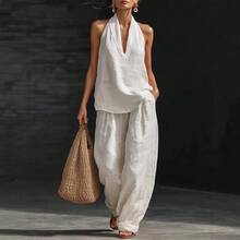 Boho Linen Two Piece Set - Perfect For Beach, Vacation & Brunch! Halter Neck Sleeveless Top Wide Leg Pants Set # TwoPieceSet # LinenSet # WideLegPants # HalterNeck # SummerOutfit # BohoFashion # CasualWear # Outfit Of The Day # WomensFashion - 藍色 - 查看 2