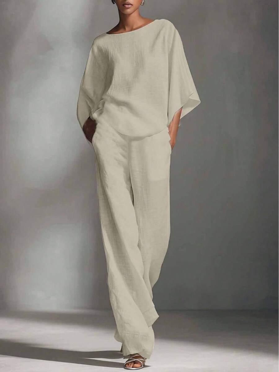 2026 European And American Spring/Summer Vacation Cotton And Linen Style Top And Pants Set For Women - Màu xám kaki - Xem 1