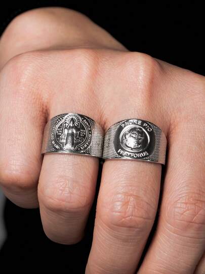 خاتمان للأزواج من الجنسين بطابع القديس، من الفولاذ المقاوم للصدأ مقاوم للتلاشي والماء، بتصميم عملة قديمة بطراز الدراجات النارية، مناسب للارتداء اليومي والهدايا