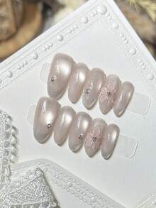 10Pcs Oval Glass Beads Cat Eyes Fake Nails Hand-Made For Party Wedding Daily Use - Pink - View 8