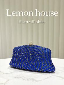 1pc Elegant Blue Sparkling Rhinestone Decor Clutch Bag, Metal Chain Shoulder Strap, Fashion Formal Evening Bag, Suitable For Gala, Wedding, Party, Gift For Women - Blue - View 5