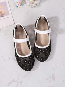 1 Pair Girls Summer Lace Mesh Mary Jane Round Toe Mid-Large Size Kids Shoes, Pure White Hook & Loop, Casual Breathable Versatile Flat Princess Shoes - Black - View 8