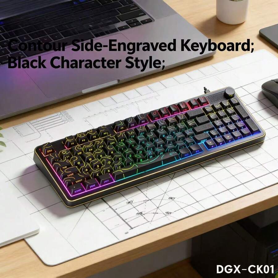 Retro Contour Side-Engraved Mechanical Keyboard, RGB Backlit Wired Keyboard With Multifunctional Knob, Ergonomic Gaming Keyboard For PC Laptop, Black - View 1