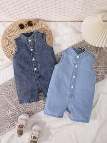 Bộ 2 áo liền quần không tay bằng vải denim cho bé gái mùa hè, áo liền quần thường ngày cho trẻ sơ sinh và trẻ nhỏ. - Nhiều màu - Xem 1
