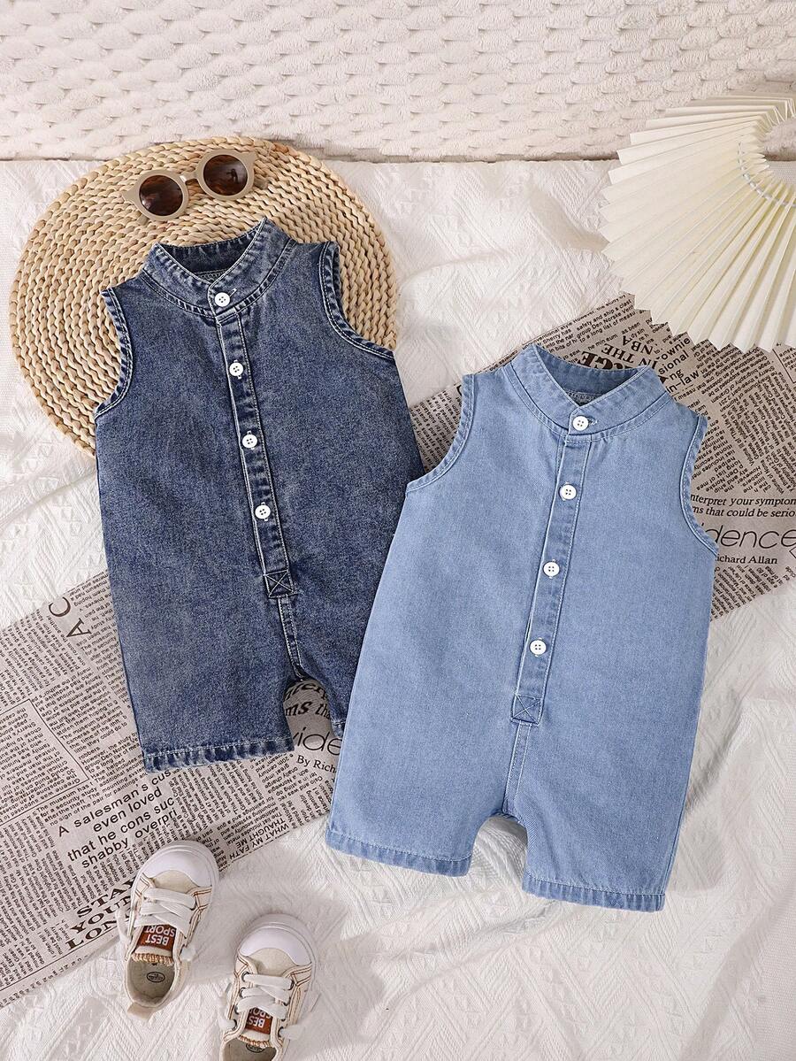 Bộ 2 áo liền quần không tay bằng vải denim cho bé gái mùa hè, áo liền quần thường ngày cho trẻ sơ sinh và trẻ nhỏ. - Nhiều màu - Xem 1