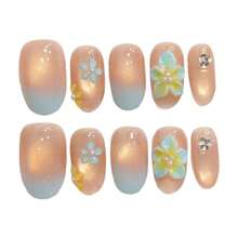 Short Oval False Nails With Gradient Blue Floral Embossed Design 10 Pieces For Spring Summer - Multicolor - View 9